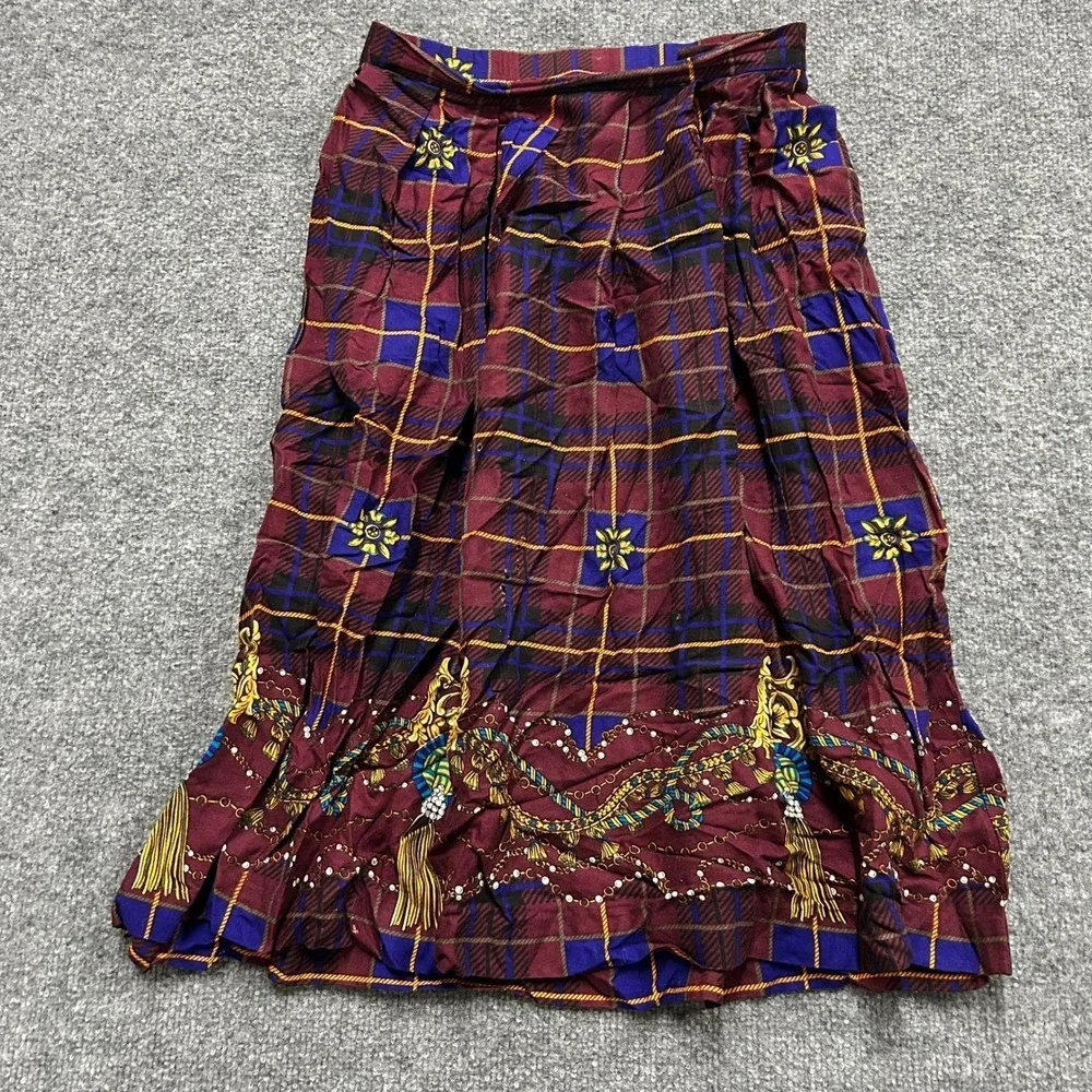 Koret Skirt Womens Size Small Maroon Plaid Gold Chain Tassel USA Vintage Petites